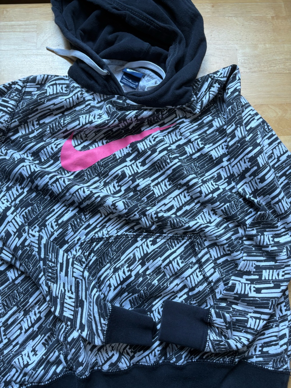 Nike Black and Light Blue All-Over Logo Tee with Pink Swoosh